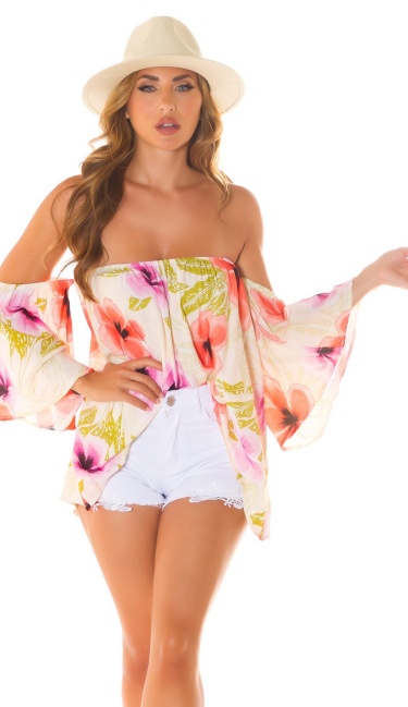 Summer off-shoulder Blouse with floral Print Beige